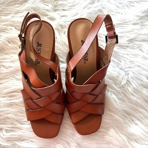 JustFab Cognac Strappy Block Heels 5.5 - Picture 3 of 11